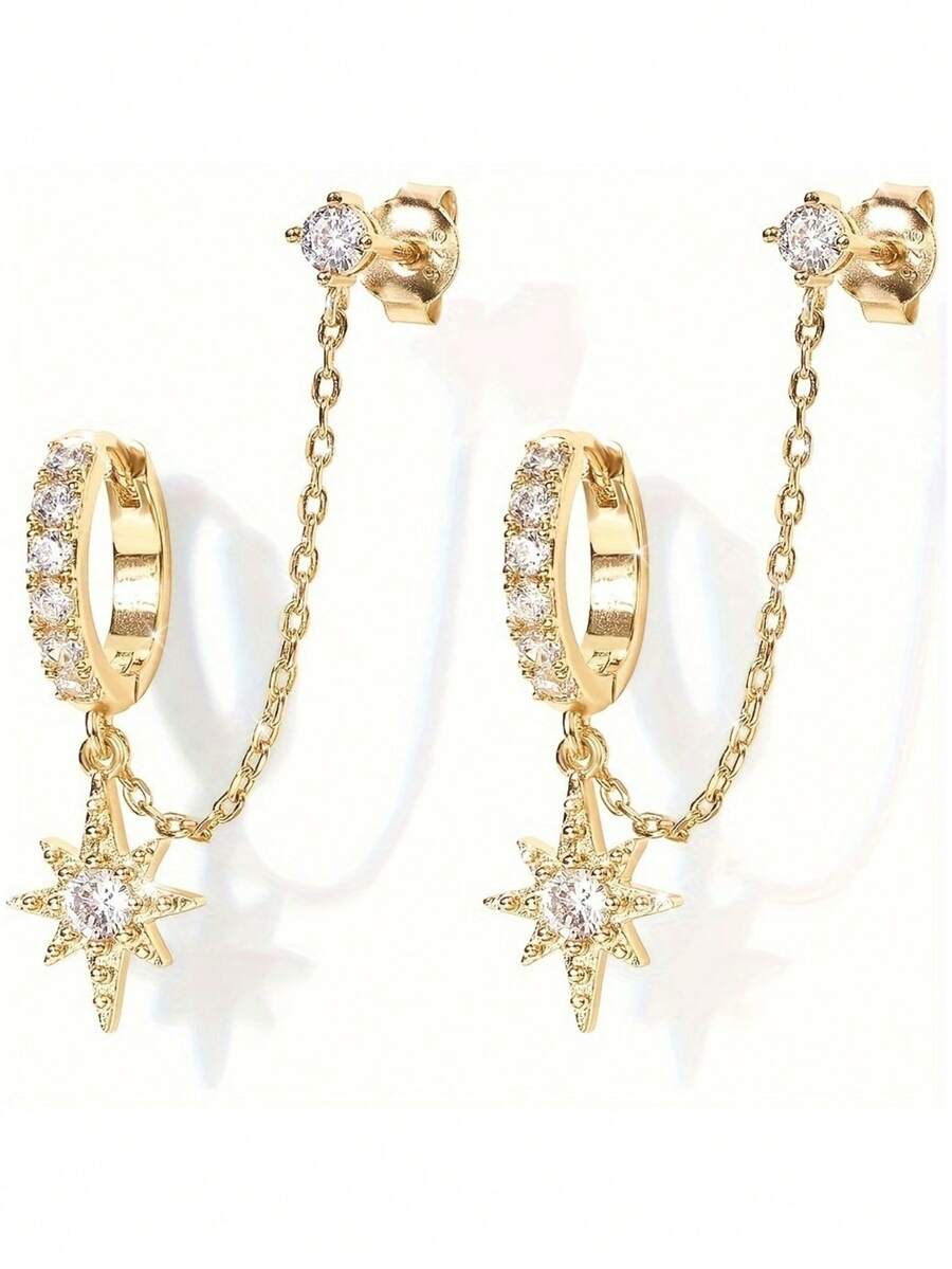 14K Gold Plated Bohemian Style Chain Earrings For Women, Double Pierced Drop Earrings With CZ Stud, Vintage Fashion Clip On Earrings, Suitable Year-Round Gift - Gold - View 1