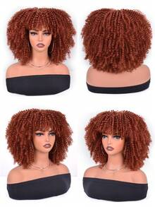 Short Afro Kinky Curly Wig With Bangs For Women High Temperature Synthetic Hair Wig Curly Afro Wigs For Women - Curly Afro Wigs Black Wig For Women Brown Gold Gradient 12 Inch Replacement Wigs Party Use Natural Black Hair Carnival Cosplay Wigs - 橘棕色-350# - 查看 4