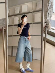 Quần lửng denim màu xanh nhạt, ống rộng, kiểu Mỹ, thích hợp cho mùa hè. - Màu xanh nhạt - Xem 3