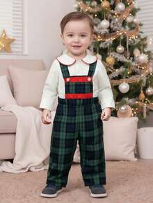 Baby Boys 2Pcs Gentleman Outfits Long Sleeve Shirt + Plaid Overalls Pants Set Christmas Clothes - 綠色 - 查看 4