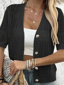 镂空纯色休闲简约时尚短袖针织开衫，女士款，春夏黑色 - 黑色 - 查看 2