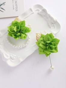 1 件胸花 + 1 件腕花，海军蓝山茶花和金叶珠饰男女通用翻领别针和腕带，假花婚礼胸花，适合新郎、新娘、伴郎、伴娘、派对、舞会