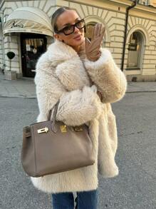 HH Women Vintage Solid Faux Fur Coat Loose Casual Long Sleeve Lapel Jacket Winter Thick Warm Outerwear Oversize Style