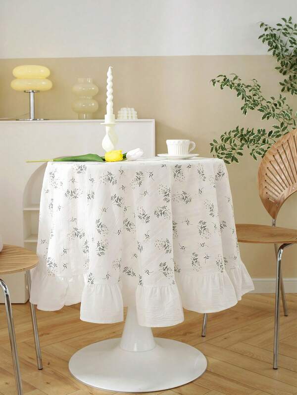1 pieza Mantel redondo con volantes y estampado floral para estilo Ins, adecuado para uso diario en el hogar, festivales, camping y decoración