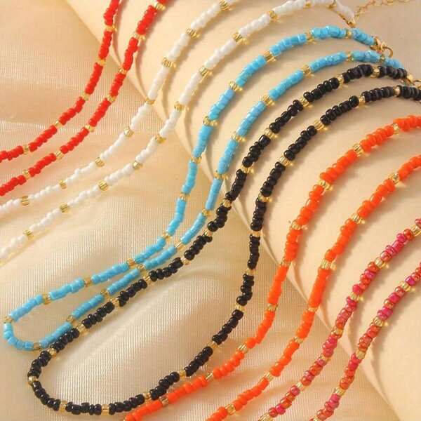 1pc Handmade Colorful Rice Bead Necklace, Minimalist Design Collarbone Chain, Bright Color Summer Accessory For Women