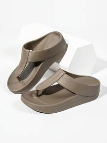 Sandalias de pala con suela gruesa y tacón de cuña para mujer, chanclas de verano informales antideslizantes - Marrón - Ver 4
