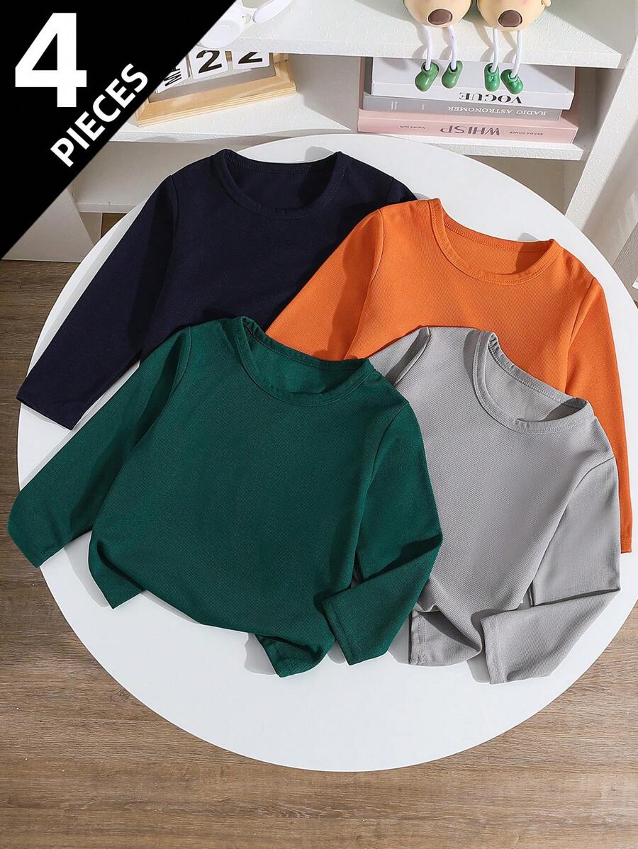 4pcs Kids Long Sleeve T-Shirts, Lightweight, Spring/Autumn, For Boys & Girls, Fits Age 4-12 Years