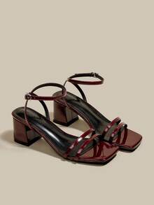 Sandali con tacco alto bordeaux da donna, con lacci incrociati, punta aperta, tacco alto, scarpe estive