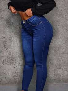 Pantalones vaqueros ajustados para mujer de color azul oscuro, estilo sexy y elegante, perfectos para looks casuales - Azul lavado oscuro - Ver 1