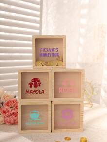 1 pieza Hucha de madera personalizada, con nombre y logotipo personalizables, 2 opciones de tamaño, 50 patrones de dibujos animados, adecuada para decoración de boda, Día de San Valentín, decoración de dormitorio, decoración del hogar, aniversario, decoración de habitación, caja de almacenamiento, regalo de cumpleaños - Color albaricoque de la madera - Ver 4