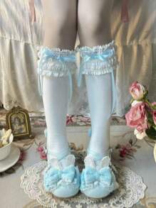 1 par de medias altas hasta la rodilla con lazo de cinta largo y adorno de encaje, estilo japonés Lolita para mujeres