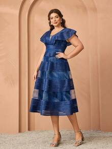 Mgiacy、新品、V领、荷叶袖、印花网眼、领带、渐变密度、高端晚礼服、黑色领带活动礼服 - 寶藍色 - 查看 3