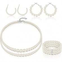 Glenmal Pearl Rhinestone Jewelry Set For Women Pearl Necklace Bracelet Earrings For Wedding Birthday Bridal Shower Tea Party - 簡約風格 - 查看 1
