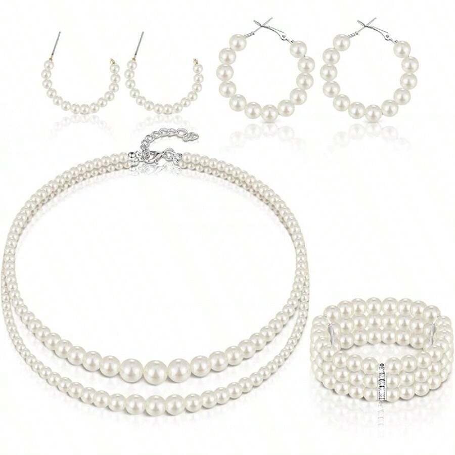 Glenmal Pearl Rhinestone Jewelry Set For Women Pearl Necklace Bracelet Earrings For Wedding Birthday Bridal Shower Tea Party - 簡約風格 - 查看 1