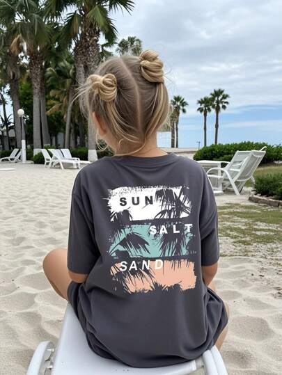 Young Girls Casual Slogan & Palm Tree Print Short Sleeve T-Shirt, Soft & Comfortable, Summer