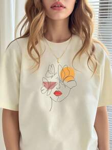 T-shirt da donna con grafica volto femminile in stile lineare, taglie comode, casual e adatta all'uso quotidiano