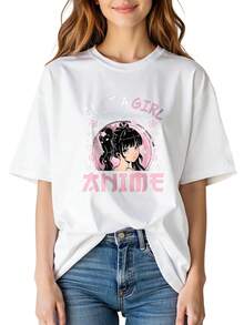 Playera de manga corta estampada ajustada para damas de alta calidad, de 100% algodón transpirable, cuello redondo - Estilo casual - Estampa de una niña con moño rosa en estilo de caricaturas y pétalos de cerezo en flor - Blanco - Ver 1