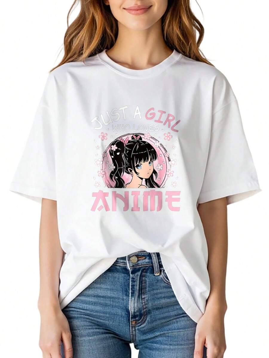 Playera de manga corta estampada ajustada para damas de alta calidad, de 100% algodón transpirable, cuello redondo - Estilo casual - Estampa de una niña con moño rosa en estilo de caricaturas y pétalos de cerezo en flor - Blanco - Ver 1