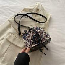 Bolso balde lindo para damas, bolso de mano pequeño y lindo con flores, billetera con flores, mini bolso estético bohemio con bordado, bolso de cordón tipo cubeta con punto de aguja, bolso cruzado mini