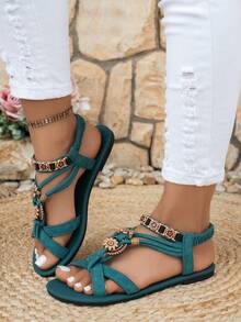 Women's Fashion Bohemian Style Flat Sandals, Casual Versatile, Suitable For Weddings, Parties, Outdoor, Beach - Dark Green - View 5