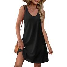OFEEFAN Womens Summer Dresses 2025 V Neck Sleeveless Sundresses With Pockets Beach Vacation Clothes Floral/Plain - B Plain Black - 查看 1