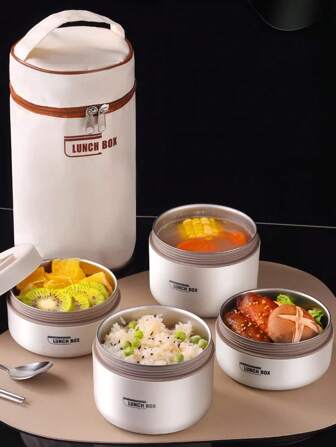 1/3/4/5 piezas Caja de almuerzo aislada de doble capa de acero inoxidable 304 con bolsa y cubiertos, cajas bento portátiles aptas para microondas, recipiente hermético para frutas y alimentos, adecuado para que adultos y estudiantes lleven comida a la escuela, la oficina, de picnic, camping y fiestas