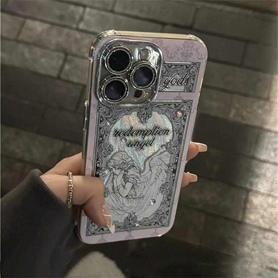 Retro 3D Rhinestone European Angel Phone Case Suitable For IP 16 15 14 13 12 Pro Max 27.94cm Flash Lens Protective Case Luxury Aurora Laser Shell - 銀色 - 查看 1