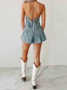 Women's Summer Spaghetti Strap Jumpsuit Sleeveless V Neck Wide Leg Denim Shorts Playsuit