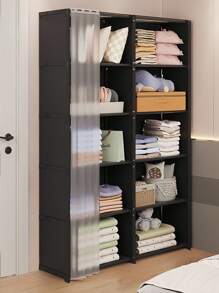 1pc Portable Closet Organizer, Multifunctional Cube Bookcase, Storage Shelves With Curtain, 31.5"W X 15.7"D, Freestanding Assembly, For Bedroom, Living Room, Kitchen, Office, Holidays, Christmas Gift