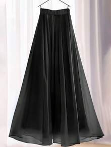 女式优雅纯色荷叶边/荷叶边系腰超长 A 字裙 - 黑色 - 查看 2