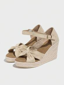 Giày sandal đế xuồng cao gót cho nữ, đế dày, kiểu dáng châu Âu và Mỹ, gót chunky, dệt, thoải mái, màu mơ, thích hợp cho trang phục mùa xuân hè. - Màu be - Xem 7