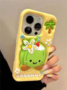 Summer Beach Fresh Coconut Tree 3D Stand Phone Case Compatible With IPhone 16 ProMax, Apple 15, Silicone Soft Shell Creative Cute Anti-Drop Protective Cover Compatible With IPhone 13 ProMax/14 - Màu vàng - Xem 1