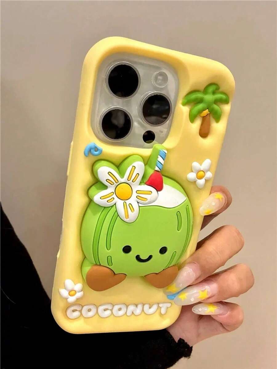 Summer Beach Fresh Coconut Tree 3D Stand Phone Case Compatible With IPhone 16 ProMax, Apple 15, Silicone Soft Shell Creative Cute Anti-Drop Protective Cover Compatible With IPhone 13 ProMax/14 - Màu vàng - Xem 1