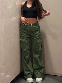 Pantalones casuales rectos y sueltos de mujer con bolsillos cargo de unicolor - Verde militar - Ver 3