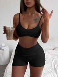 女士休闲吊带露脐上衣和短裤套装，适合春夏穿着，黑色 - 黑色 - 查看 8