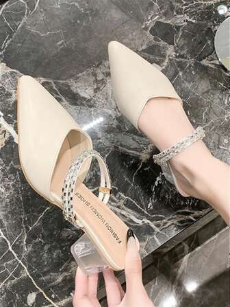 Zuecos de tacón alto para mujer, zapatos con punta puntiaguda, tacón grueso con cristales decorativos, del verano 2025