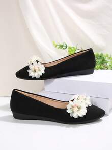 女士 3D 花卉尖头平底厚底鞋，橡胶底防滑耐磨轻便鞋，新款春秋法式优雅伴娘鞋