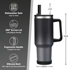 40 Oz Tumbler With Flip Straw Lid And Handle - Insulated Travel Coffee Mug Keep Cold-34H, Leak-Proof Metal Water Cup With Silicone Boot, Dishwasher Safe Hydro Thermal Jug - 藍色 - 查看 8