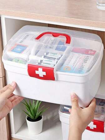 1 pieza Caja de almacenamiento, contenedor portátil de gran capacidad para el hogar y el dormitorio para medicamentos y suministros, pequeño botiquín de primeros auxilios para uso doméstico
