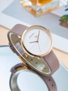 1pc Women's Casual Quartz Watch With Minimalist Leather Strap, Suitable For Daily Wear - Pink - View 3