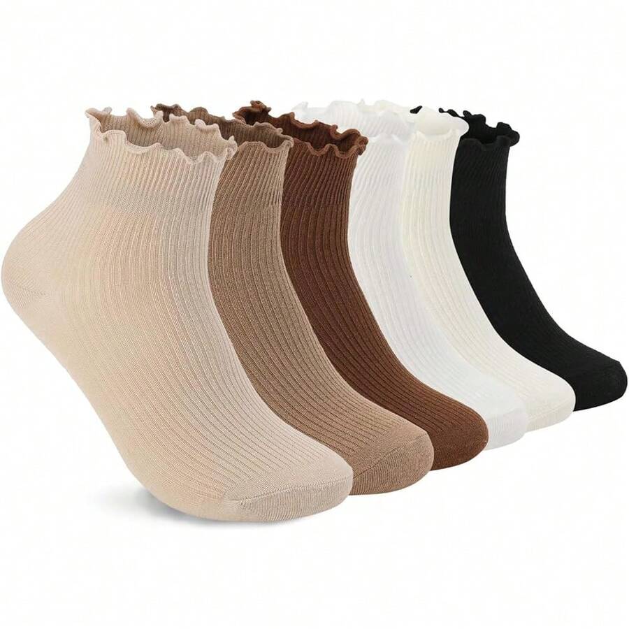 New 6 Pairs Women's Ruffle Socks Cute Ankle Socks Er Soft Breathable Cool Frilly Socks For Mary Jane Sho - Apricot+light Brown+brown+white+milky White+blac - View 1