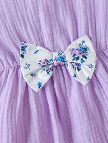 2pcs Set Simple Casual Solid & Floral Patchwork Bowknot Contrast Mini Cap Sleeve Long Dress With Headband, Suitable For Outdoor And Daily Wear In Spring Autumn