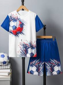 2pcs/Set Toddler/Little Boys' Casual 3D Football Print Loose Fit Round Neck T-Shirt And Shorts Outfit, Comfortable For Outdoor Sports & Running