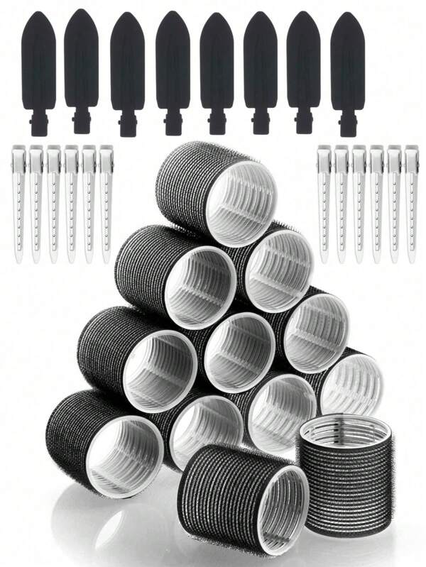 30 Stücke selbstklebende Lockenwickler & Clip Set mit 12 Lockenwicklern mit Selbsthaltegriff und 20 Clips, Salon Haarstyling Lockenwickler, DIY Frisuren