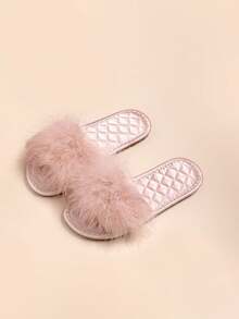Pantofole piatte con cinturino in autunno/inverno, colori rosa, rosso, champagne, in finta pelliccia, taglia grande, con fiocco morbido, casual di alta gamma, comode e calde, con fodera in peluche, per uso domestico da donna - Rosa - Visualizzare 1
