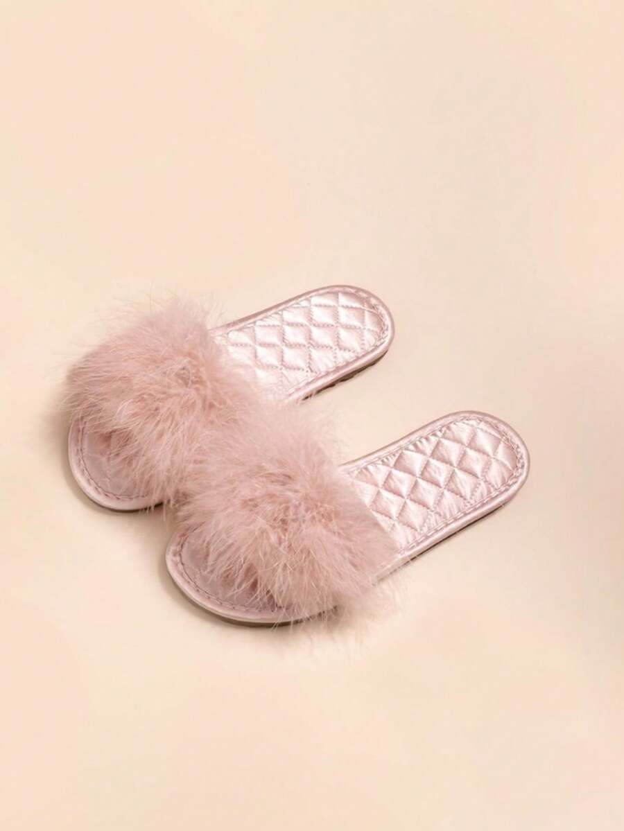 Pantofole piatte con cinturino in autunno/inverno, colori rosa, rosso, champagne, in finta pelliccia, taglia grande, con fiocco morbido, casual di alta gamma, comode e calde, con fodera in peluche, per uso domestico da donna - Rosa - Visualizzare 1