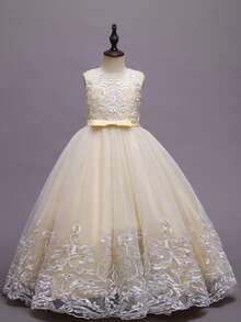 Flower Girl Lace Dress For Kids Wedding Bridesmaid Pageant Party Formal Long Gown Princess Communion Tulle Bow Evening Dresses - 香檳色 - 查看 3