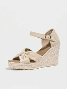 Giày sandal đế xuồng cao gót cho nữ, đế dày, kiểu dáng châu Âu và Mỹ, gót chunky, dệt, thoải mái, màu mơ, thích hợp cho trang phục mùa xuân hè. - Màu be - Xem 6