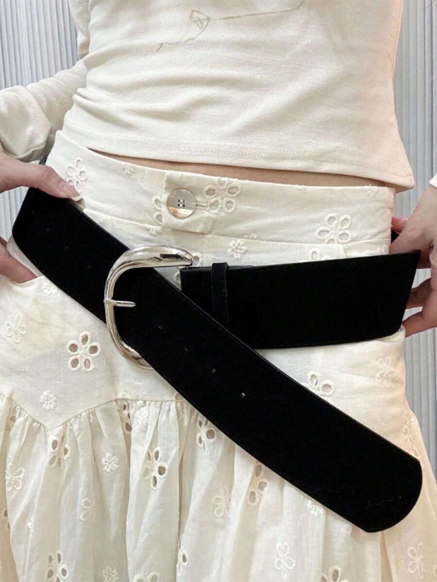 1pc Vintage Brown Faux Suede Plus Size Women's Wide Waist Belt, Solid Color Fashion Simple Versatile Layering Waist Accessory, Suitable For Daily Use (Belt Length 103cm-104cm, 2cm Error Is Normal) - Black - View 1