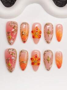 Spring/Summer Almond-Shaped Handcraft False Nails, Y2K Baddie Style, Available In Nude, Orange, Pink, Coral Colors. Handmade With Floral Carving, Asymmetrical Metallic Liquid, Stars, Pearls, Tie Dye Gradient Elements. Suitable For Women And Girls, Shiny Nails. 10 Pieces/Set, 3 Size Options. Perfect For Parties, Occasions, Daily Wear. Includes Tools, Great Gift For Ladies And Girls.